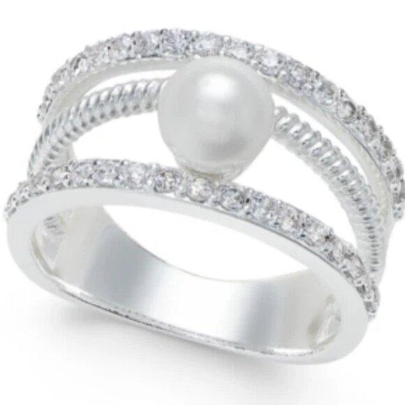 Charter Club Ring Imitation White Pearl Multi Band Crystal Silver-tone Size 6 - Picture 1 of 5
